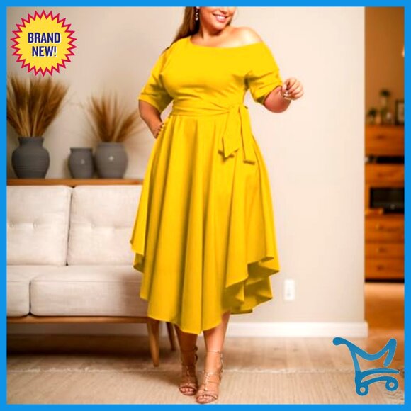 Off Shoulder Boat Neck Midi Dress Flowy Formal Elegant Wedding Guest Church Wear - Picture 2 of 6